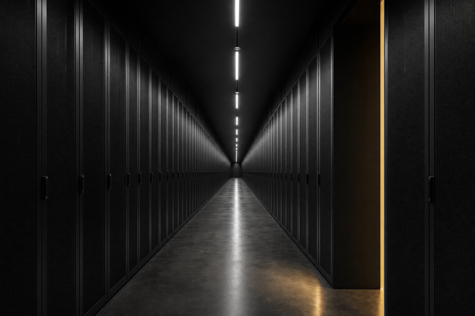 A dark data hall with a warm gold accent light